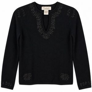 Mainbocher Womens Small 100% Cashmere Sweater Black Beaded Embellished V Neck